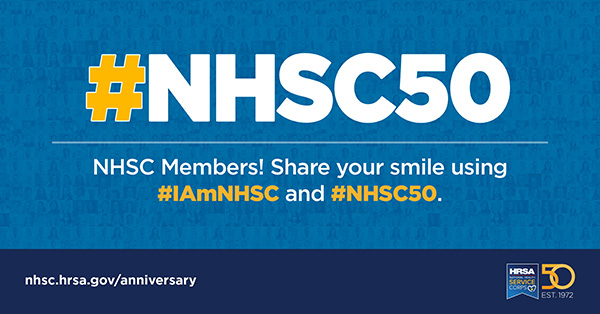 #NHSC50 NHSC Members! Share your smile on Wednesday, June 1, using #IAmNHSC and #NHSC50. nhsc.hrsa.gov/anniversary#NHSC50 NHSC Members! Share your smile on Wednesday, June 1 using #IAmNHSC and #NHSC50. nhsc.hrsa.gov/anniversary