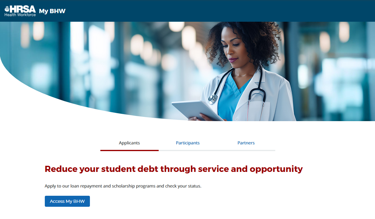 My BHW homepage with navigation tabs, student debt message, and “Access My BHW” button, plus an image of a clinician using a tablet.