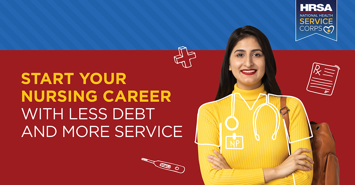 A person is standing to the right of text that reads "Start your career with less debt and more service."