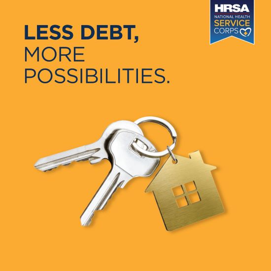 A graphic with text that reads: "Less Debt, More Possibilities." Keys are below the text.