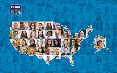 U.S. map with NHSC logo and diverse group of health care providers faces in the map and background.