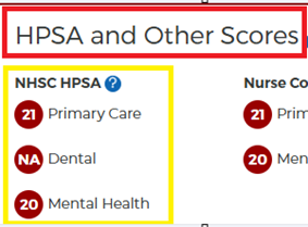 i.	Review the “HPSAs and other scores” section located on the right side of your screen to confirm the site has your required HPSA score for your program and discipline. 